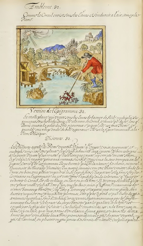 A manuscript page from a French translation of Maier’s text contains a hand-painted emblem of a man trawling for coral with a hook in a bog.