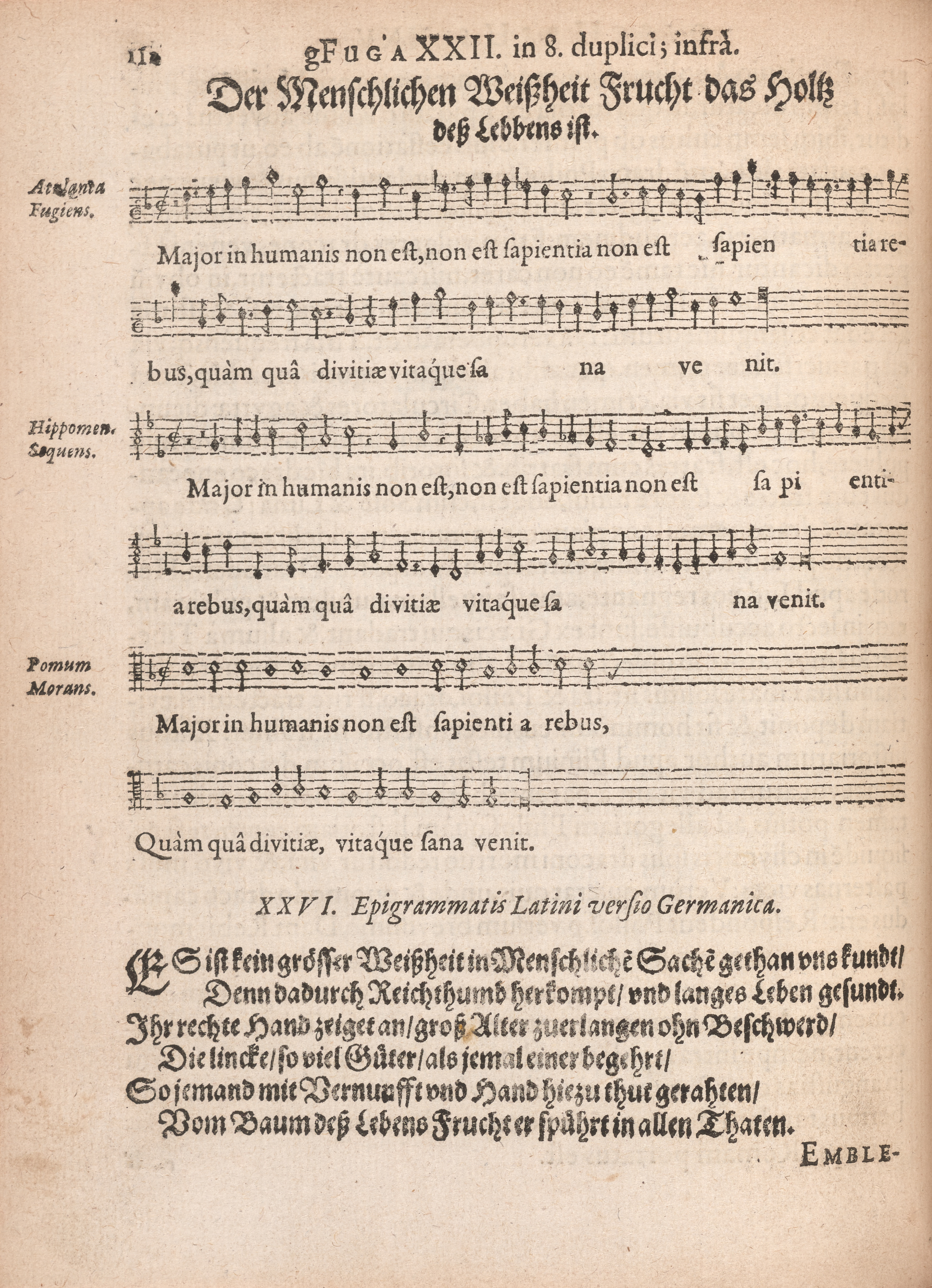 Manuscript page from Emblem 26 of Atalanta fugiens featuring musical notation and a German motto and epigram.