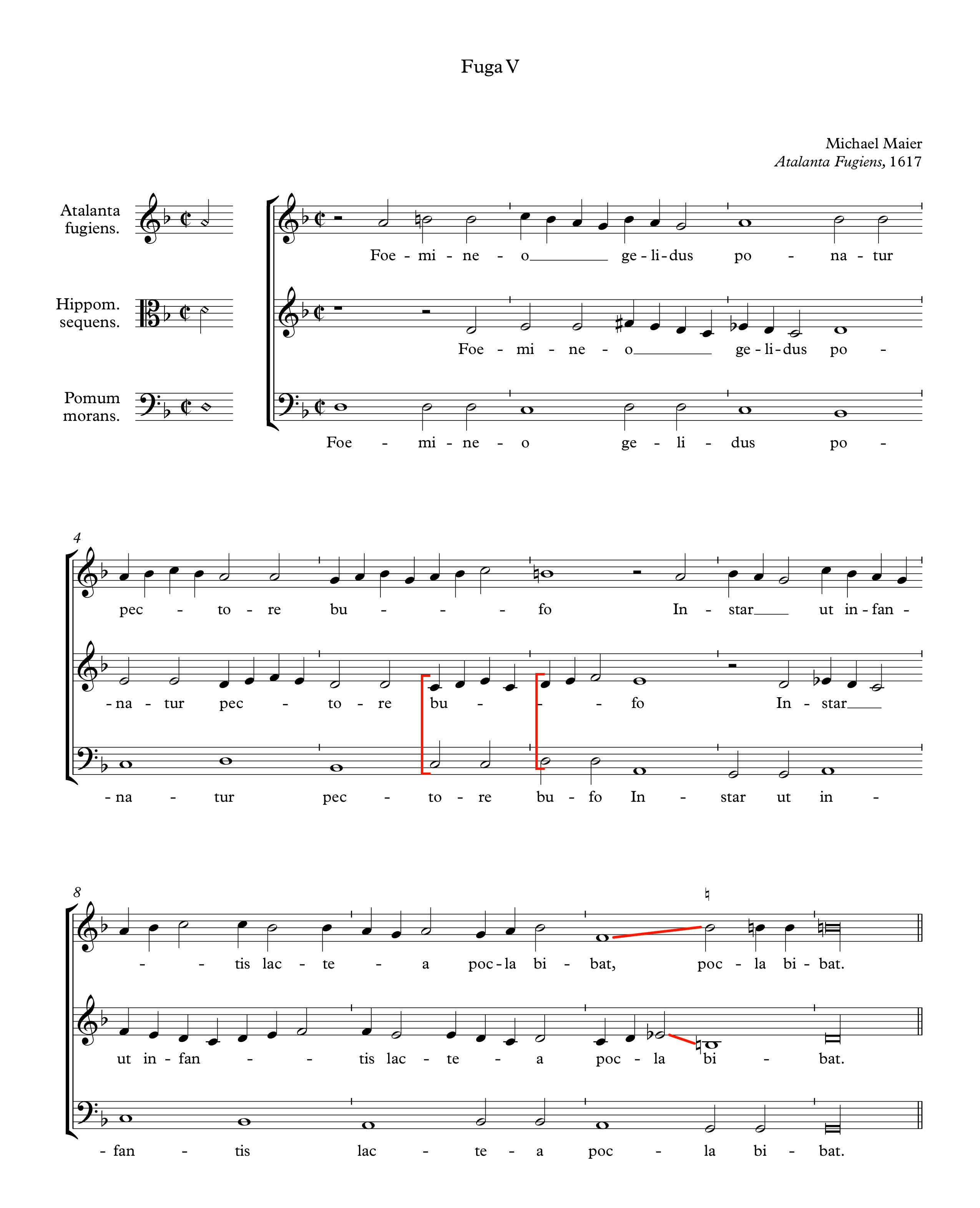 An excerpt of modernized musical notation of fugue 5 from Atalanta fugiens with annotations in red.