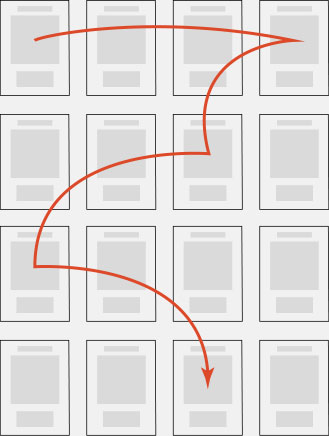 A visualization of an example of a non-linear reading experience: an arrow skips across a spread of pages representing the various emblems of Atalanta fugiens.